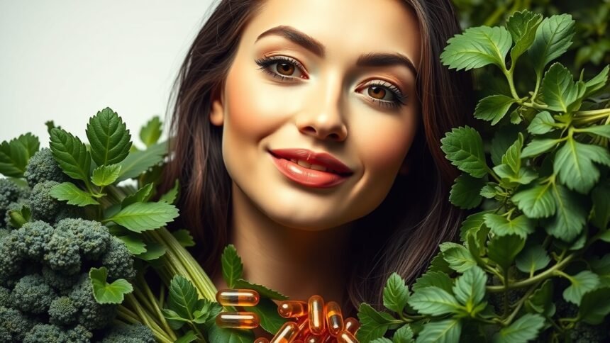 Ragyogó bőrű nő K-vitaminnal körülvéve, zöldségek között