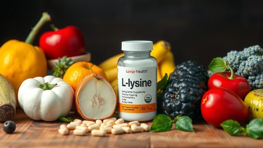 L-lizin táplálékkiegészítő zöldségekkel és gyümölcsökkel körülvéve