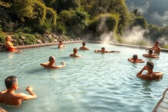 Cserkeszőlői gyógyvízben fürdő emberek, pihentető környezetben.