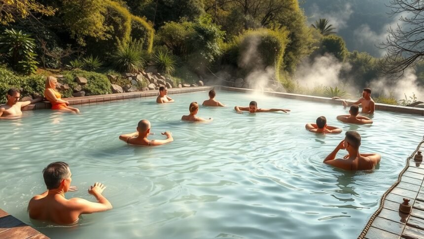 Cserkeszőlői gyógyvízben fürdő emberek, pihentető környezetben.