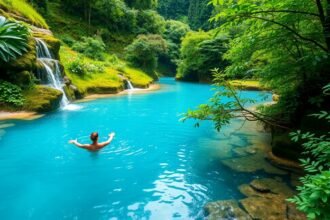 Egy férfi átél egy kékes vízben való fürdést, körülötte buja növényzet.