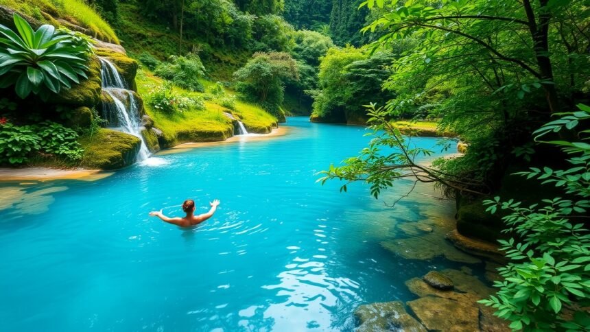 Egy férfi átél egy kékes vízben való fürdést, körülötte buja növényzet.