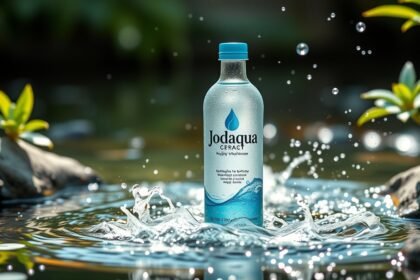 Jodaqua ásványvíz frissítő cseppekkel egy gyönyörű háttérben.