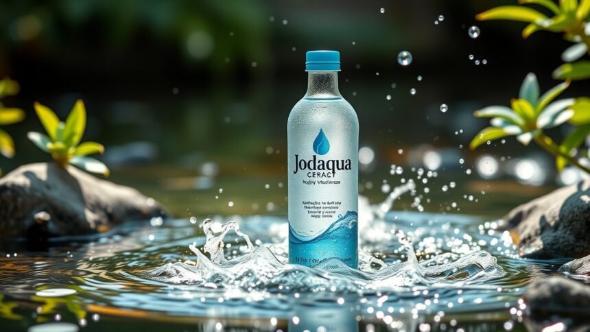 Jodaqua ásványvíz frissítő cseppekkel egy gyönyörű háttérben.