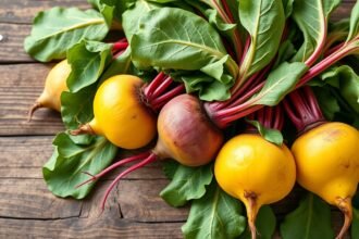 Friss sárga cékla zöld levelekkel, egészséges táplálkozás fokozására.