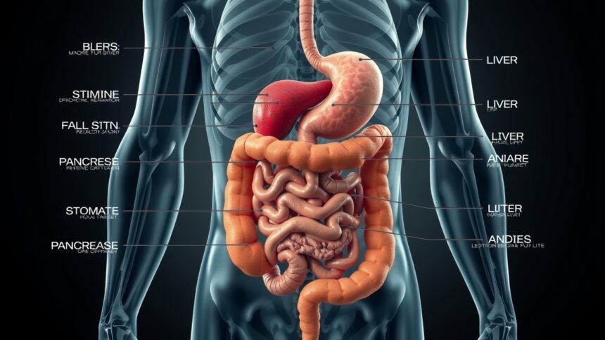 Az emberi tápcsatorna részletes ábrázolása, beleértve a gyomrot és a beleket.