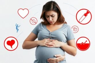 Terhes nő, aki a hasát tartja, egészségügyi szimbólumokkal körülvéve.