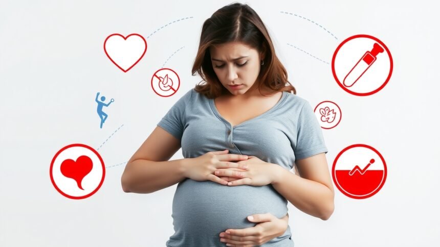 Terhes nő, aki a hasát tartja, egészségügyi szimbólumokkal körülvéve.