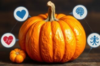 Egészséges sütőtök a jótékony hatásairól szóló grafikával.