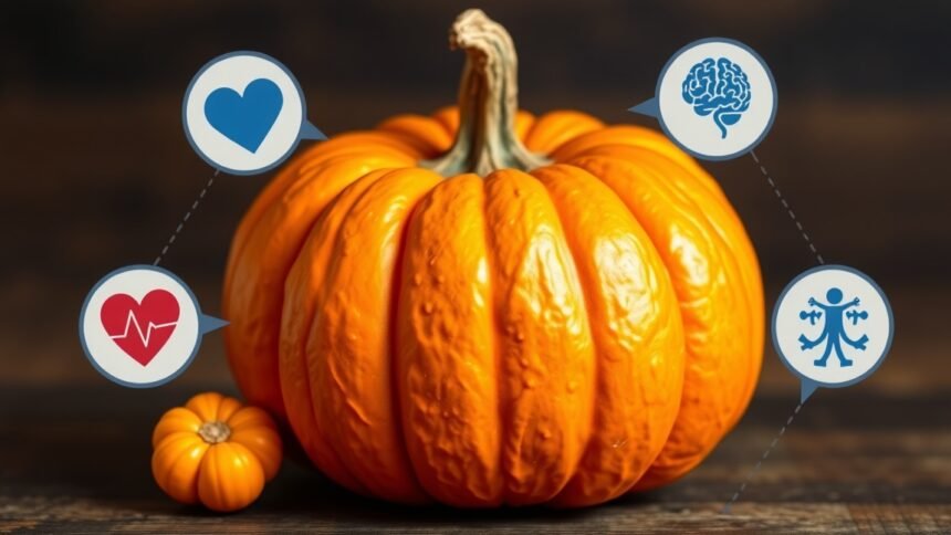 Egészséges sütőtök a jótékony hatásairól szóló grafikával.