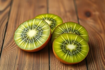 Friss kivi szeletek egy fából készült asztalon