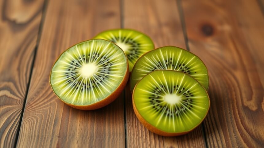 Friss kivi szeletek egy fából készült asztalon