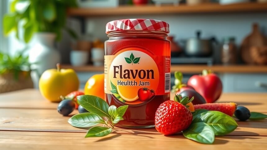 Flavon lekvár üveg ízletes gyümölcsökkel és levéllel.
