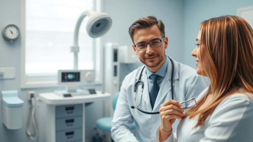 Orvos és páciens konzultációja egy modern rendelőben.