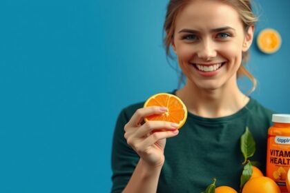 Nő C-vitaminnal és narancsokkal, boldogan mosolyogva