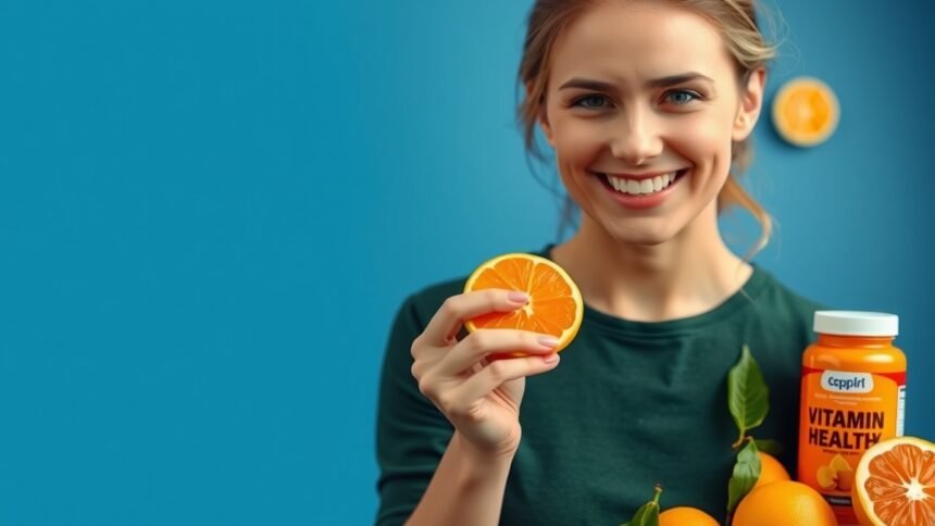 Nő C-vitaminnal és narancsokkal, boldogan mosolyogva