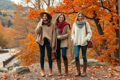 Őszi divat: három nő, meleg kötött pulóverekben és csizmákban