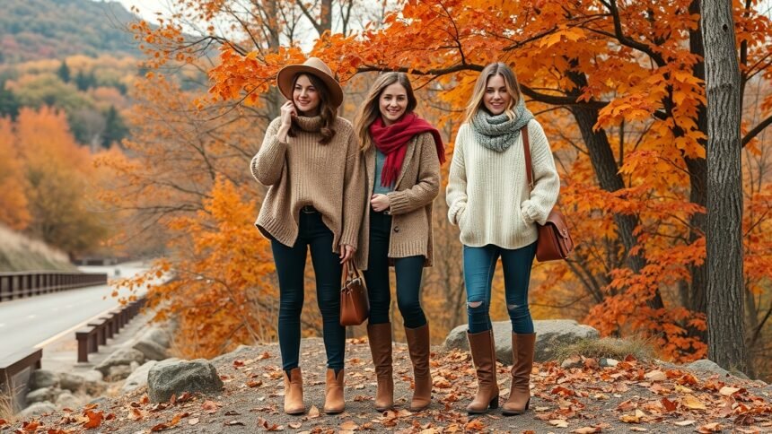 Őszi divat: három nő, meleg kötött pulóverekben és csizmákban