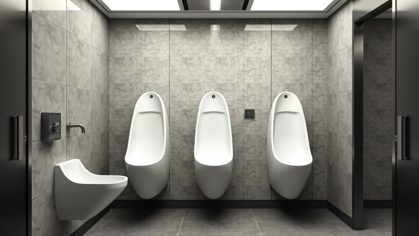 Vízmentes piszoárok modern fürdőszobai környezetben