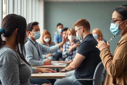 Fiatal felnőttek influenzaoltásra várakoznak maszkban