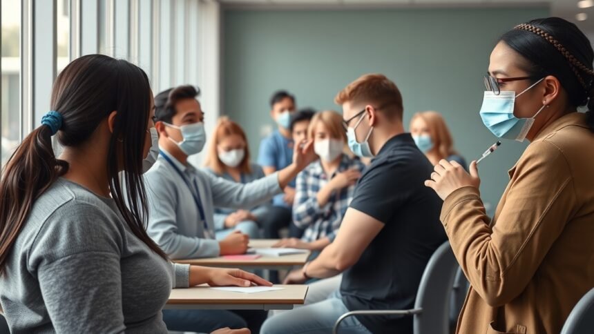 Fiatal felnőttek influenzaoltásra várakoznak maszkban