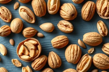 Olajos magvak, mint például mandula és dió, szétszórva egy kék háttéren.