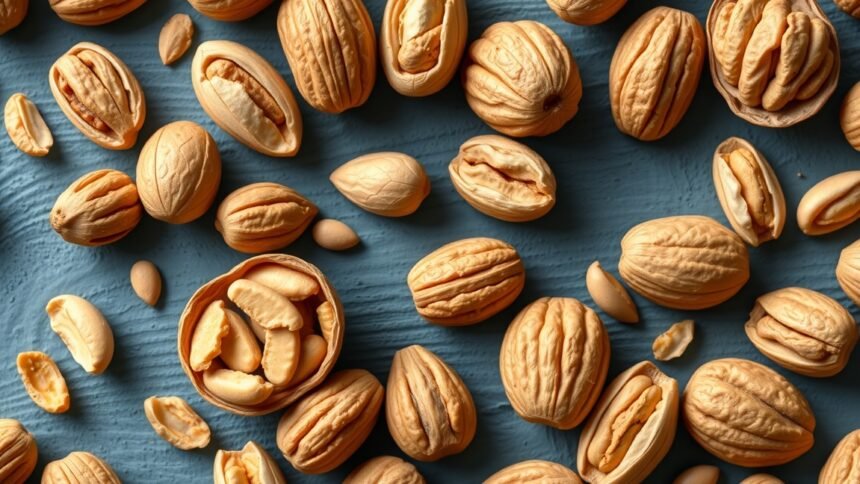 Olajos magvak, mint például mandula és dió, szétszórva egy kék háttéren.