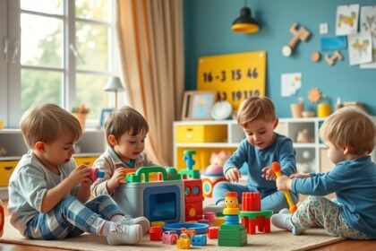 Gyerekek játszanak színes fejlesztő játékokkal otthon.