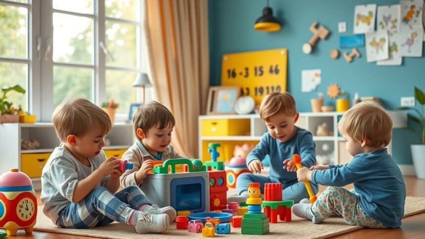 Gyerekek játszanak színes fejlesztő játékokkal otthon.