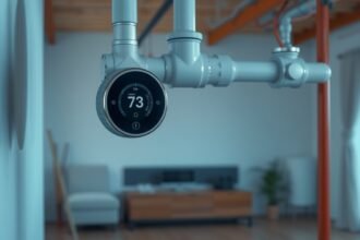 Csőtermosztát a fűtési rendszer egy részén, modern otthonban.