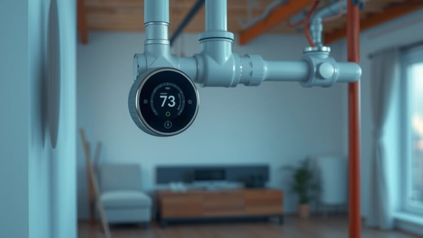Csőtermosztát a fűtési rendszer egy részén, modern otthonban.