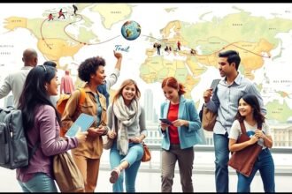 Fiatalok angol nyelv tanulmányozás közben, globális térkép előtt.