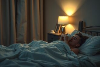 Egy fiatal, meleg tejet iszogató személy az ágyban, este.