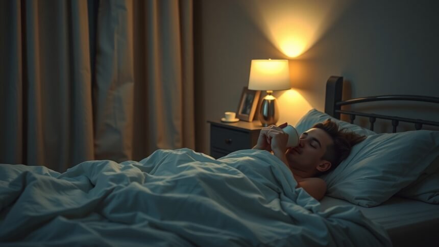 Egy fiatal, meleg tejet iszogató személy az ágyban, este.