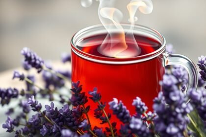 Forró levendula tea egy pohárban, levendulavirágok között.