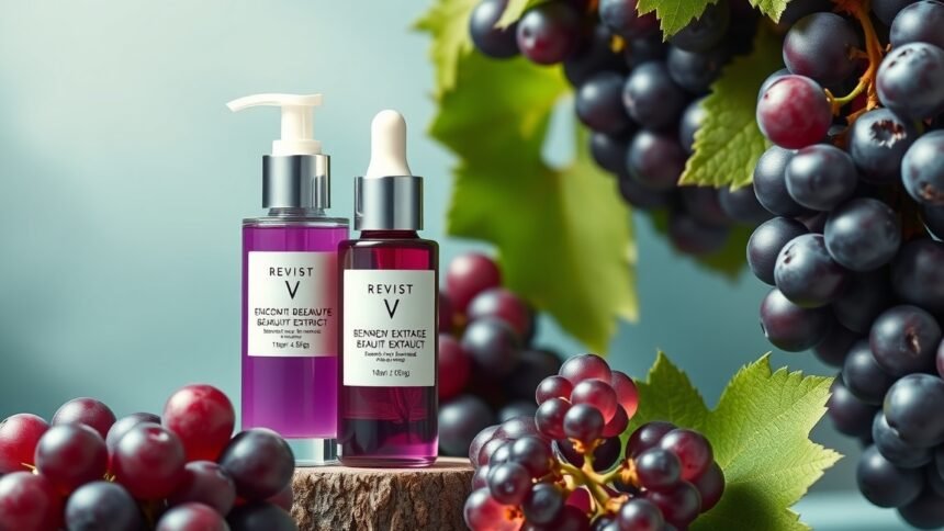Szőlőkivonattal készült bőrápoló szérumok és szőlőfürtök