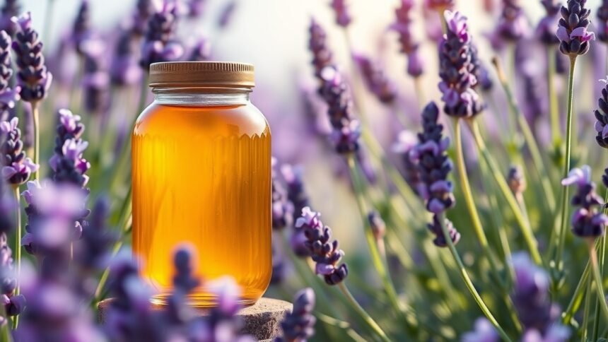 Levendulaméz üvegben, levendulavirágok között.