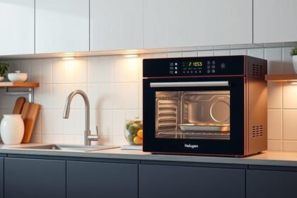 Modern halogén sütő konyhában, fényes és funkcionális designnal.