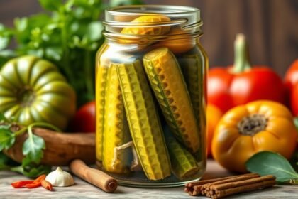 Kovászos uborka üvegben friss zöldségekkel és fűszerekkel