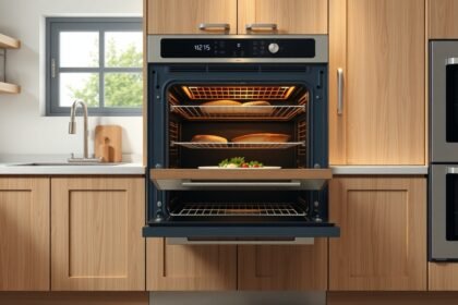 Teleszkópos sütősín egy modern konyhában, friss ételekkel.