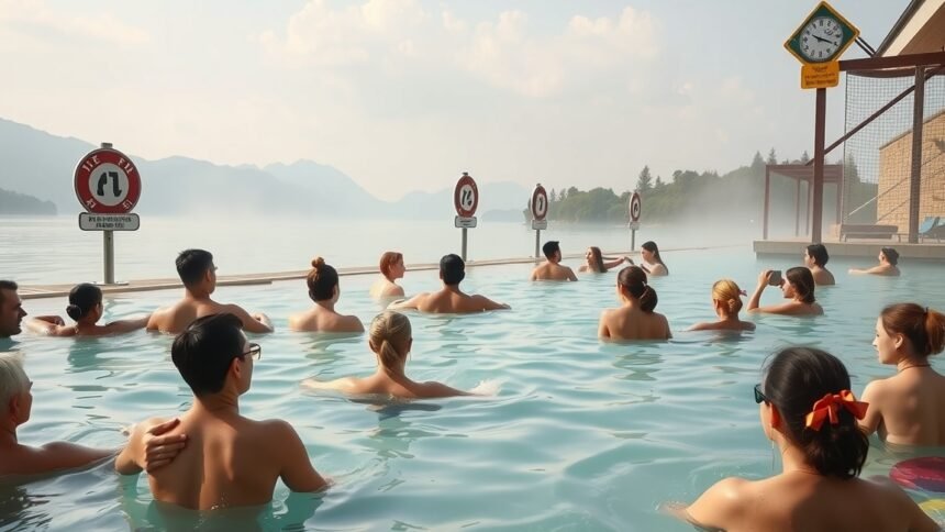 Csoport emberek termálvizes fürdőben, biztonsági jelzésekkel