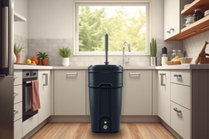 Modern konyhamalac a tiszta konyhában, zöld növényekkel és gyümölcsökkel.