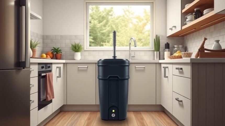 Modern konyhamalac a tiszta konyhában, zöld növényekkel és gyümölcsökkel.