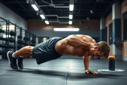 Férfi fekvőtámaszozik az edzőteremben, erőfejlesztés és állóképesség növelése.