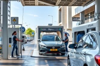 Önkiszolgáló autómosó működés közben, autósok tisztítják autóikat.