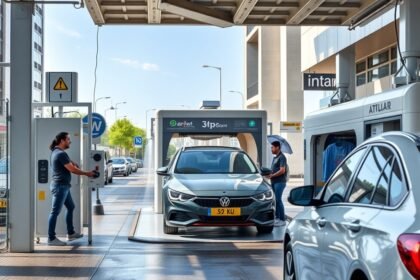 Önkiszolgáló autómosó működés közben, autósok tisztítják autóikat.