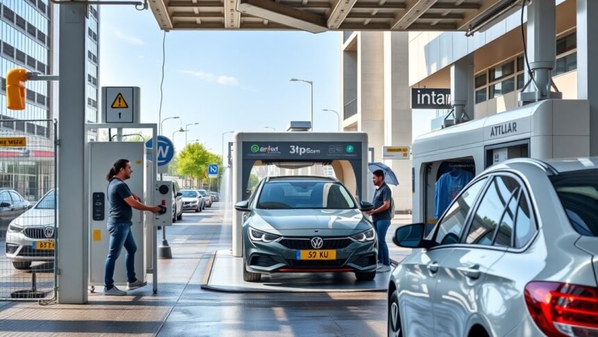 Önkiszolgáló autómosó működés közben, autósok tisztítják autóikat.