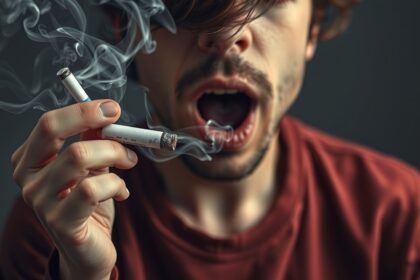 Férfi cigarettát szív, füstfelhők között, küzdelem a dohányzással.