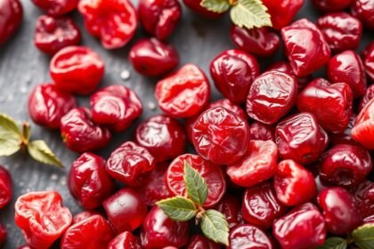 Aszalt vörös áfonya gazdag antioxidánsokban és rostban, egészséges snack.
