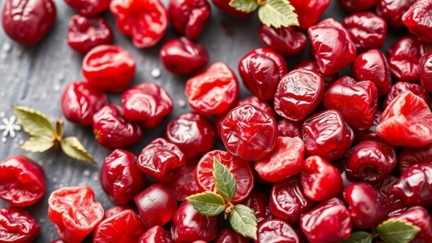 Aszalt vörös áfonya gazdag antioxidánsokban és rostban, egészséges snack.